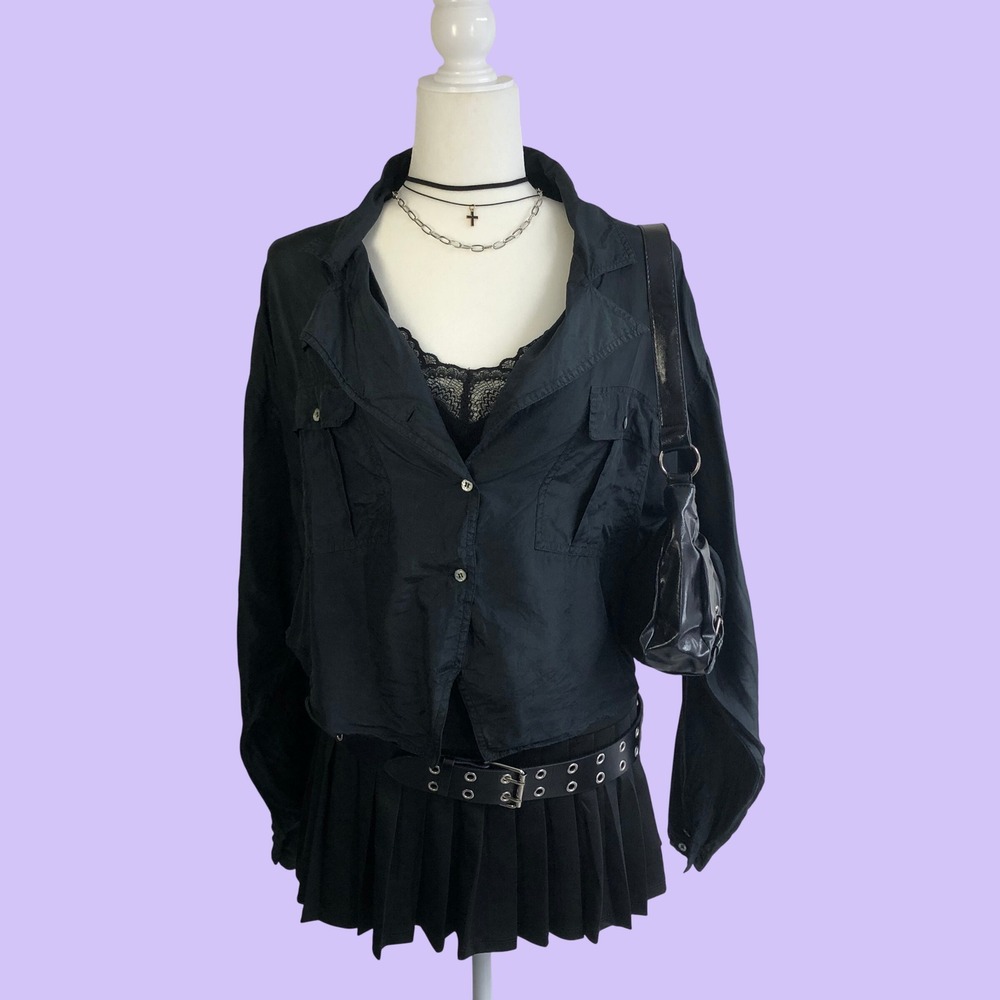 Vintage 80s 90s One Resource 100% Silk Black Cropped Utility Jacket Blouse Large